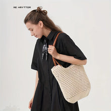 New Shoulder Straw Woven Bag Women's Cotton Threads Hand Woven Bag Large Capacity Tote Bag Holiday Style Beach Bag Women's Bag