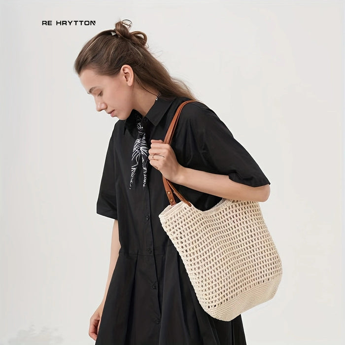 New Shoulder Straw Woven Bag Women's Cotton Threads Hand Woven Bag Large Capacity Tote Bag Holiday Style Beach Bag Women's Bag