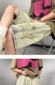 Star Patchwork Yellow Clay Color Jeans Summer Men Denim Shorts Trendy Streetwear Five-point Pants Straight Jeans Shorts