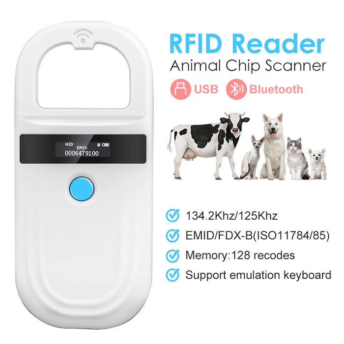 Lecteur RFID portable pour animaux 134,2 kHz / 125 kHz, scanner de puce électronique pour chien et chat, lecteur de puces FDX-B et tags USB/Bluetooth avec tags inclus