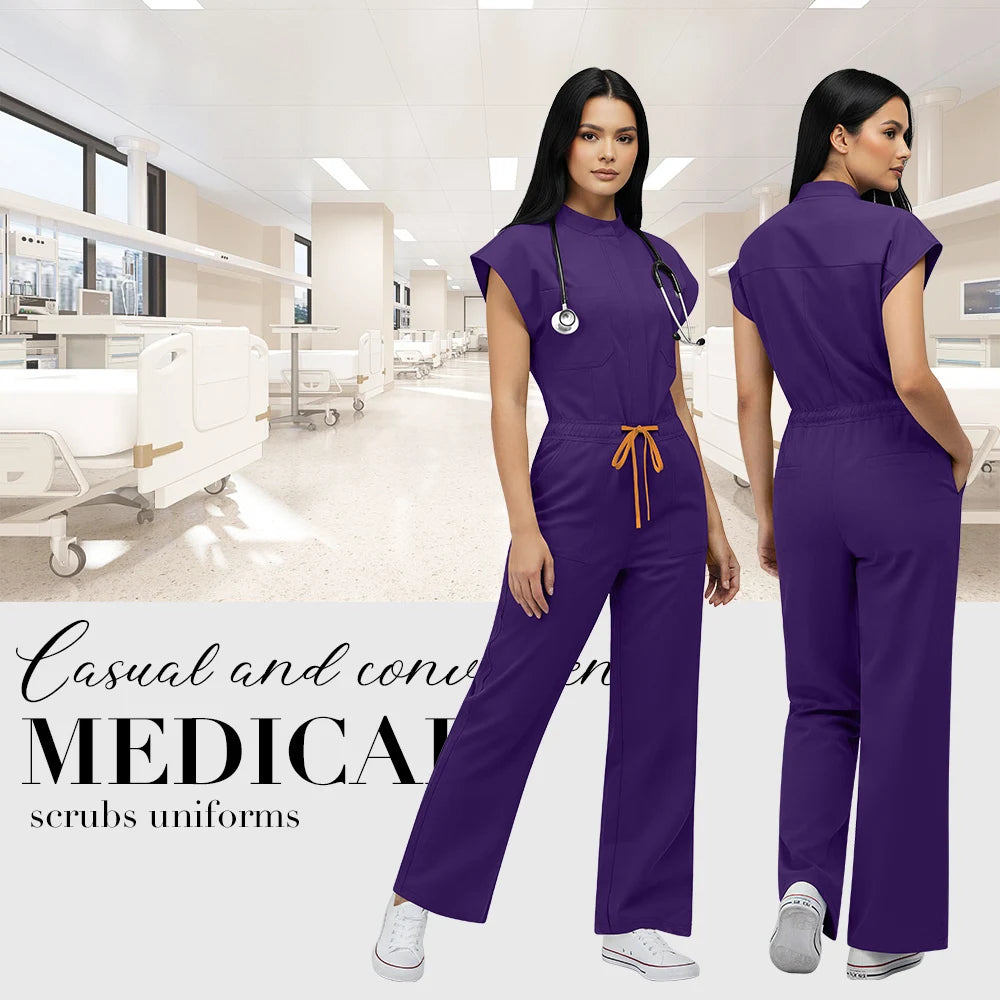 Niaahinn Operating Room Scrub Uniform Full Outfit & Veterinary Nurse Uniform with Bat Sleeve One-Piece Pet Grooming Work Clothes