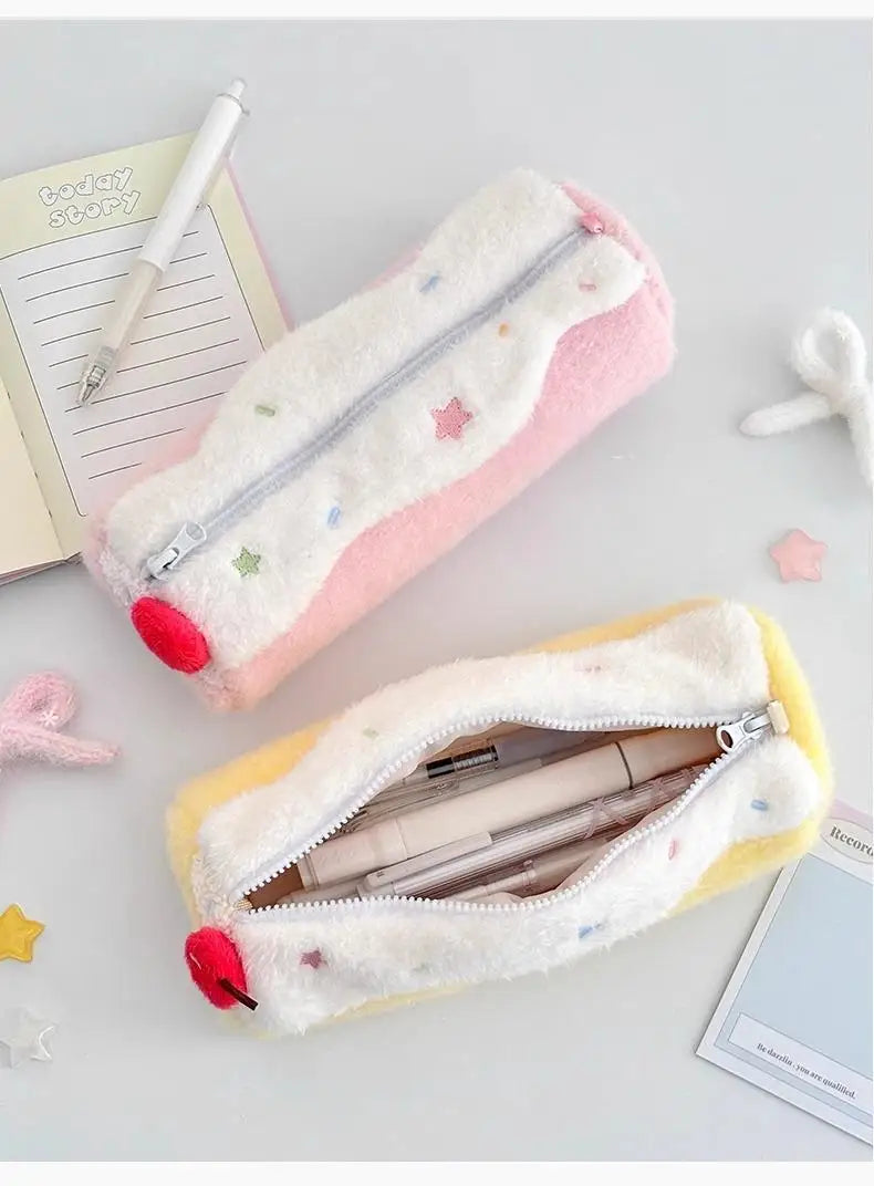 INS Fashion Korean Cream Swiss Roll Plush Pencil Case Student Desktop Storage Stationery Pen Bag Cute Girl Makeup Bag