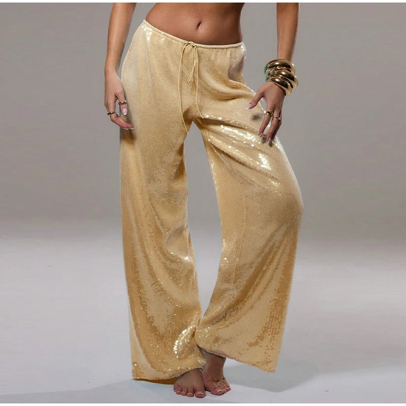 Women Solid Sequined Straight Pants Loose High Waist Wide Leg Trousers Lady Summer Chic Y2K High Street Pants
