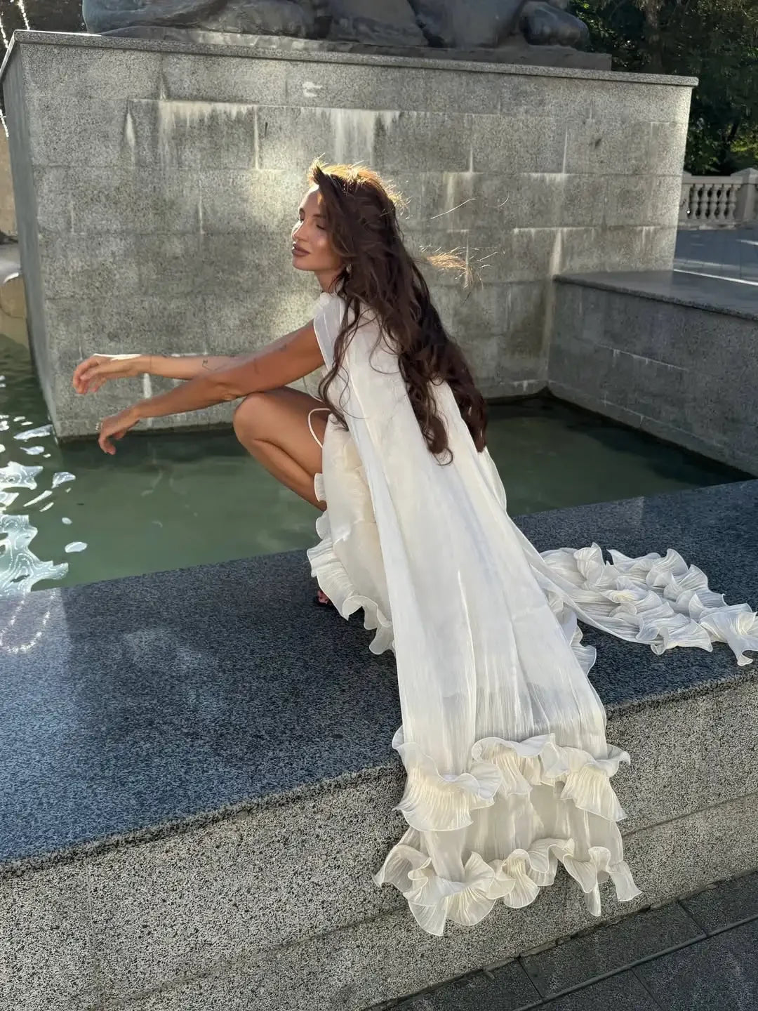Women Solid Cloak Long Dresses Fashion Stand Neck Lace Sleeveless Ruffle Irregular Hem Dress 2025 New Summer Street Lady Gown