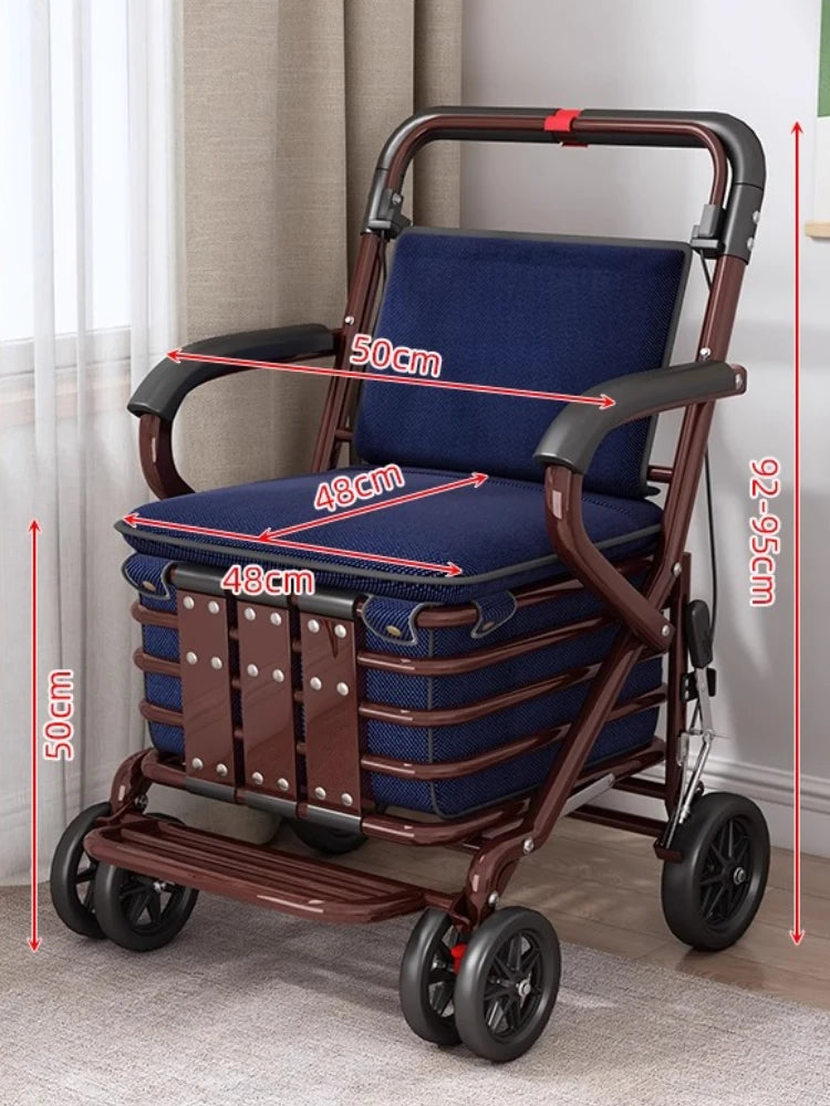 Foldable Shopping Cart with Seat 4 Wheel Walker Push Cart Large Capacity Grocery Trolley for Elderly Outdoor Mobility