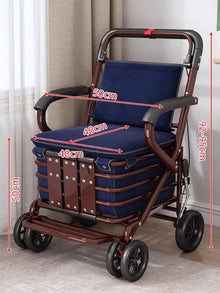 Foldable Shopping Cart with Seat 4 Wheel Walker Push Cart Large Capacity Grocery Trolley for Elderly Outdoor Mobility