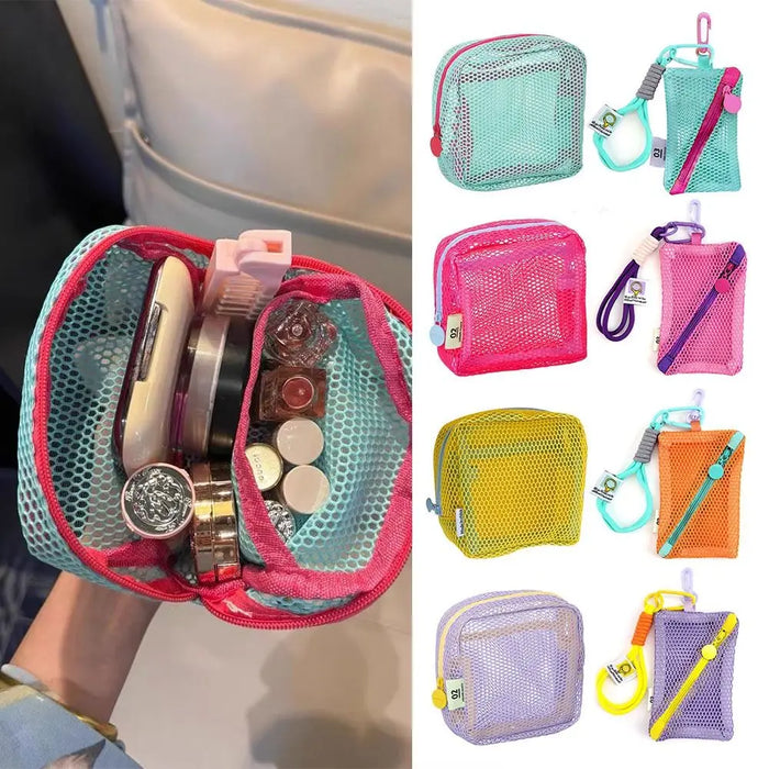 Trousse de maquillage en filet pour femme, joli petit sac de rangement pour rouge à lèvres, câbles de données, clés, écouteurs, pochette carrée pour articles de toilette