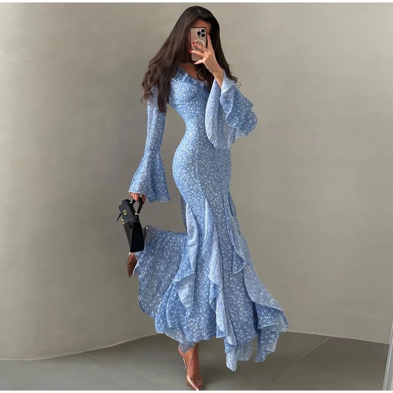 Women Printed V Neck Long Dress Flared Sleeve Lotus Leaf Edge High Waist Slim Fit Maxi Dresses Lady Elegant Evening Party Dress