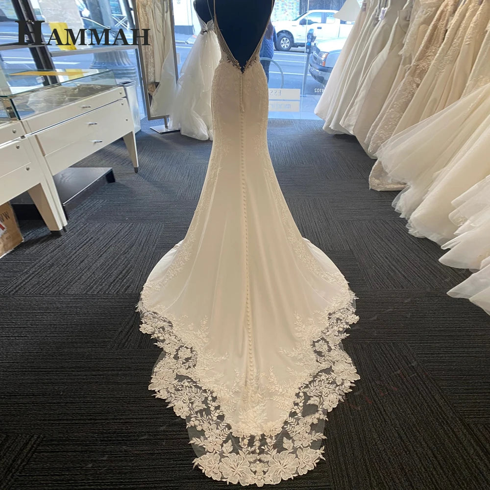 HAMMAH Elegant V Neck Wedding Dresses Mermaid Appliques Lace Spaghetti Strap Satin Court Train Robe De Mariee Customized