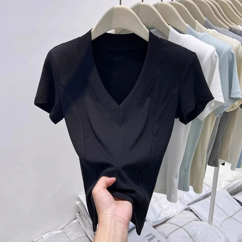 Slim Fit Pure Cotton Short Sleeve V Neck Top Korean Style