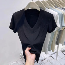 Slim Fit Pure Cotton Short Sleeve V Neck Top Korean Style
