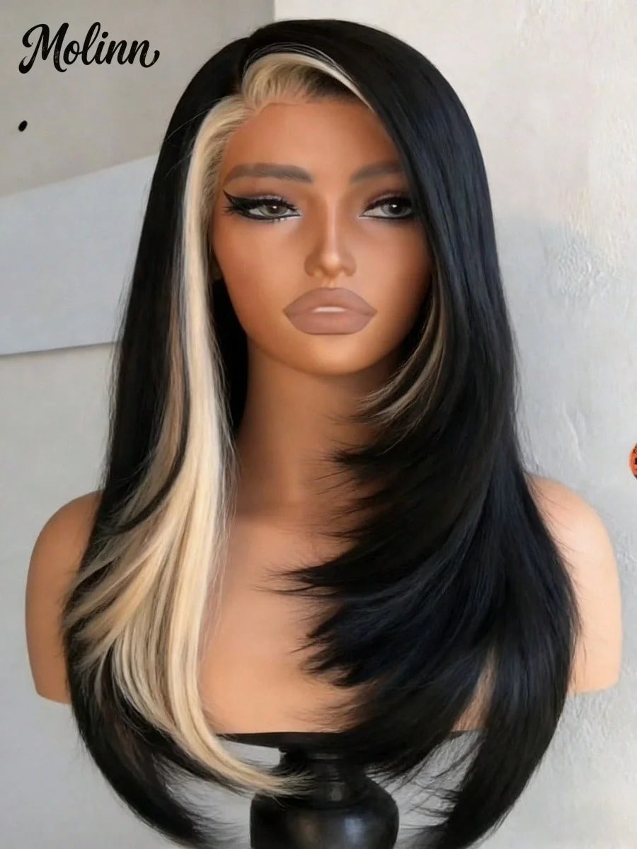 Highlight Black White Layered Lace Front Wig 13x4 Glueless