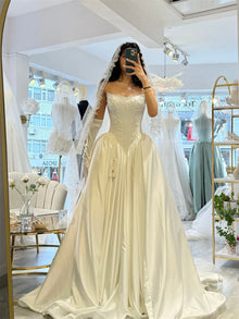 Kyoto Customized White Sleeveless Wedding Dress Strapless Satin Court Train vestidos de noche Elegant A-Line robe de mariée 2026