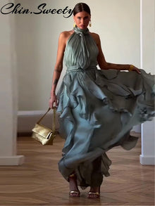 Sexy Cascading Ruffle Pleated Women Long Dress Fashion Lace Up Sleeveless Empire Female Dresses 2026 Spring Summer Lady Robe