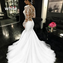 Long Sleeve Mermaid Wedding Dresses Sheer V Neck Lace Appliques Illusion Back Bridal Gown Sweep Train Tulle Vestido De Novia