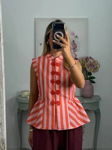 Striped Mandarin Collar Frog Button Ruffle Trim Top Striped Single‑breasted 2026 Summer Women Blouse Versatile Casual Lady Top