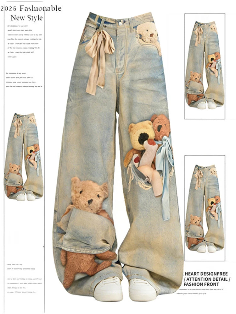 New Men's Punk Fashion Distressed Streetwear Denim Pantalones 3D Cartoon Bear Graphic Baggy Y2K Jeans Hip Hop Printed Jean