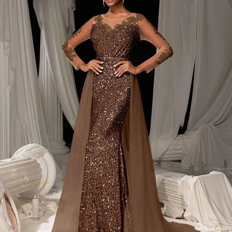 Elegant V Neck Long Sleeve Lace Sequin Mesh Evening Dress