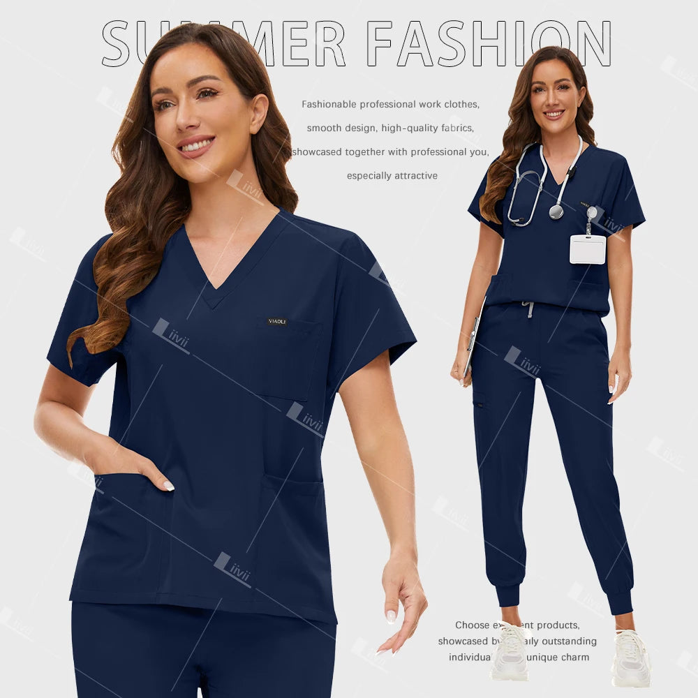 Fashion Surgical Uniforms Medical Scrub Set Doctor Nurse Clinical Workwear Nursing Suit Beauty Spa Work Clothes Scrubs Top Pants