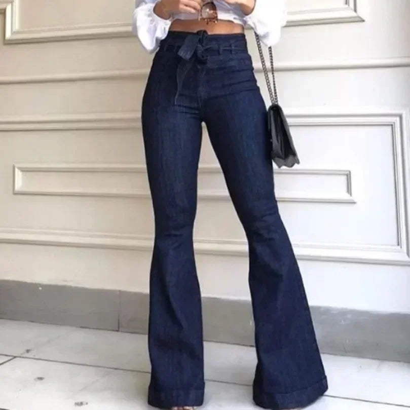Women Jeans Denim Flare Pants Solid Color High Waist Zipper Fly Flat Pockets Streetwear Slim Patchwork Button Slight Strech Belt
