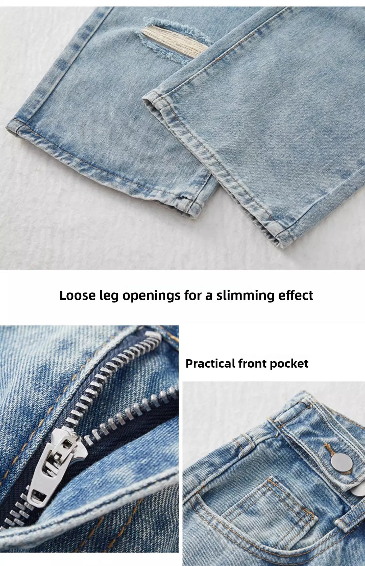 Trendy Ripped Straight Leg Jeans Women's Spring Summer High Waist Loose Wide Leg Pants Slimming Design Casual Denim Jeans