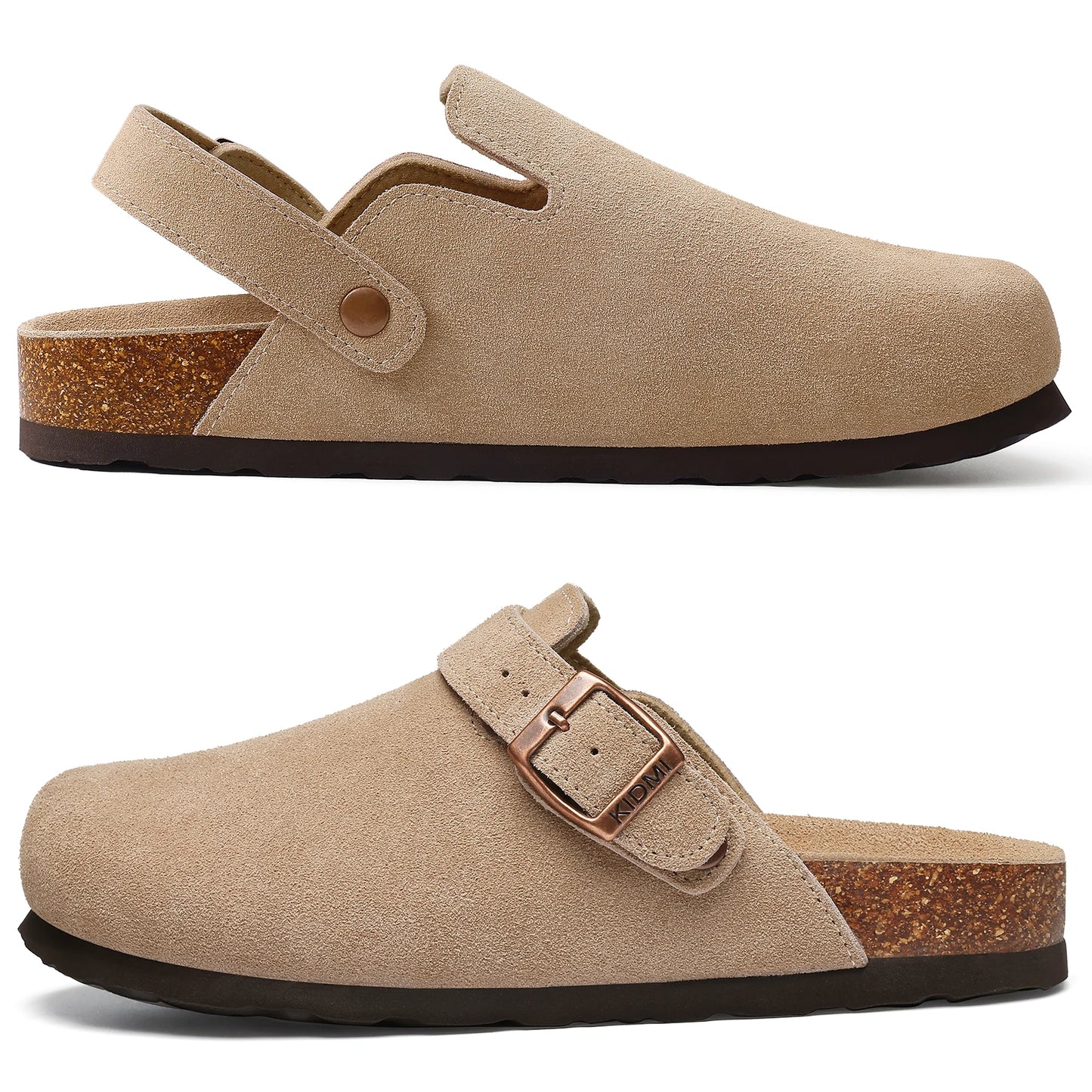 Shevalues Women Cow Suede Clogs With Adjustable Buckle Cork Leather Mules Comfortable Slip on Women Slippers Outdoor Cork Clogs