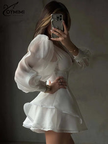 Oymimi Women's White Mini Dress 2026 Spring Deep V-Neck Puff Sleeve Corset Tiered Ruffle Sheer Casual Party Fashion Trendy Wear