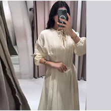 Women's Dress 2026 Summer New Beige Long-Sleeve Loose Tie-Decorated Long Dress Elegant and Graceful Beach Vacation