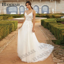 HAMMAH Elegant V Neck Wedding Dresses Mermaid Appliques Lace Spaghetti Strap Satin Court Train Robe De Mariee Customized