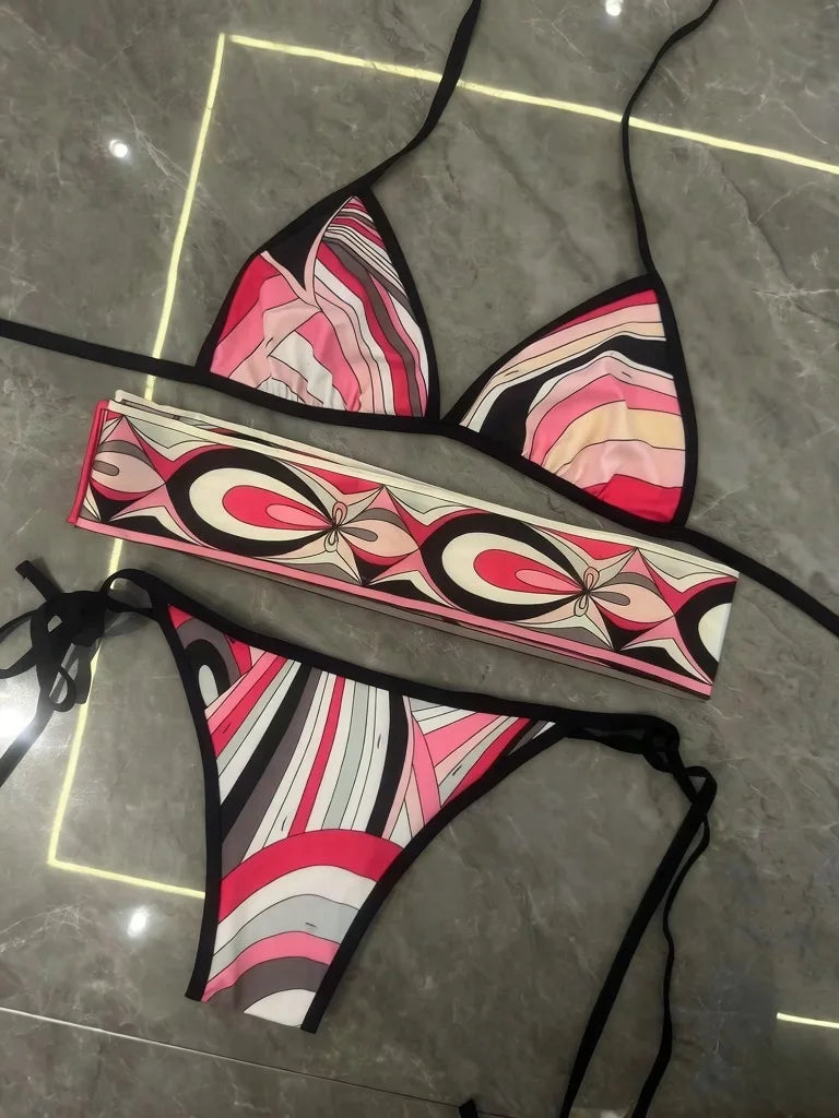 2026 Fashion Design Women's Red Scarf Sling Swimsuits Classic Brand Lady Scarf Bikini Sets with Letter Signature Logo