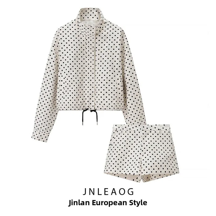 Fashionable Polka Dot Outerwear And Shorts Set Women's Autumn New Arrival Versatile Checkered Print Long Sleeve Polyester Fiber