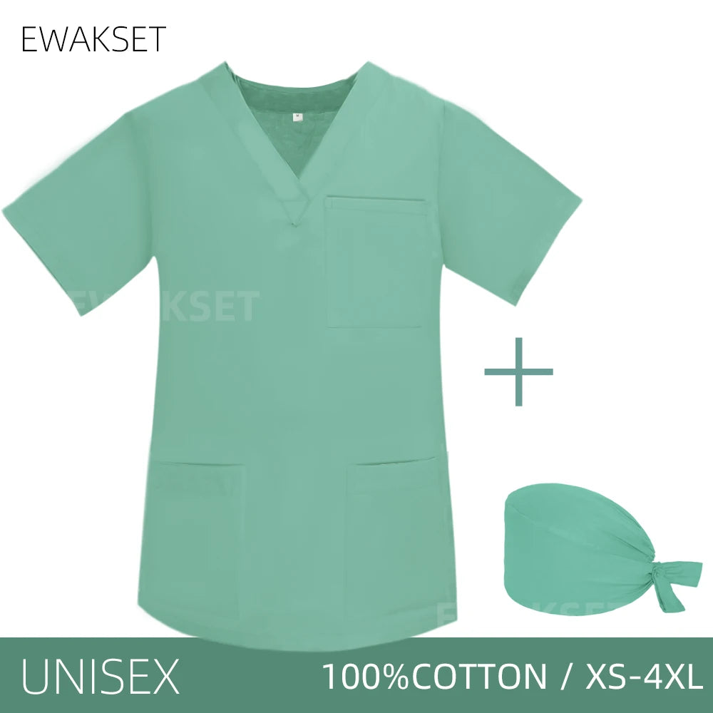 Unisex Solid Surgical Top 100% Cotton Shirt medical Uniforms Short Sleeve V-neck 3 Pocket Scrub Tops for Women Men