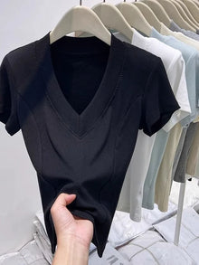 Slim Fit Pure Cotton Short Sleeve V Neck Top Korean Style