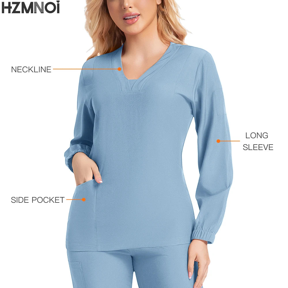 New Scrubs Nurse Uniforms Long Sleeve V-neck Top+Straight Pants Women Multicolor Nursing Scrubs Set Pet Doctor Medical Workwear
