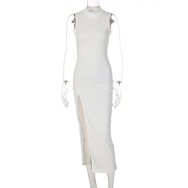 2024 Summer Slit Maxi Dress for Women Elegant Holiday Sexy Sleeveless Club Party Tank Sundresses Solid Clothes