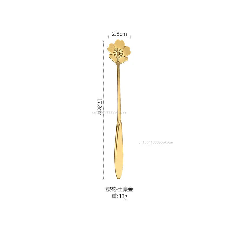 1pcs Stainless Steel Cherry Rose Flower Gold Scoop Coffee Spoon Gifts Kitchen Dessert Tea Accessories Tableware Decoration