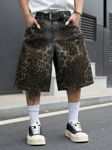 Men's Summer Retro Leopard Print Denim Shorts, Washed Loose Wide-Leg High-Street Grunge Knee-Length Denim Shorts