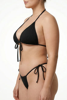 Plus Size Halter Bikini Set Black Ribbed Two Piece Swimsuit