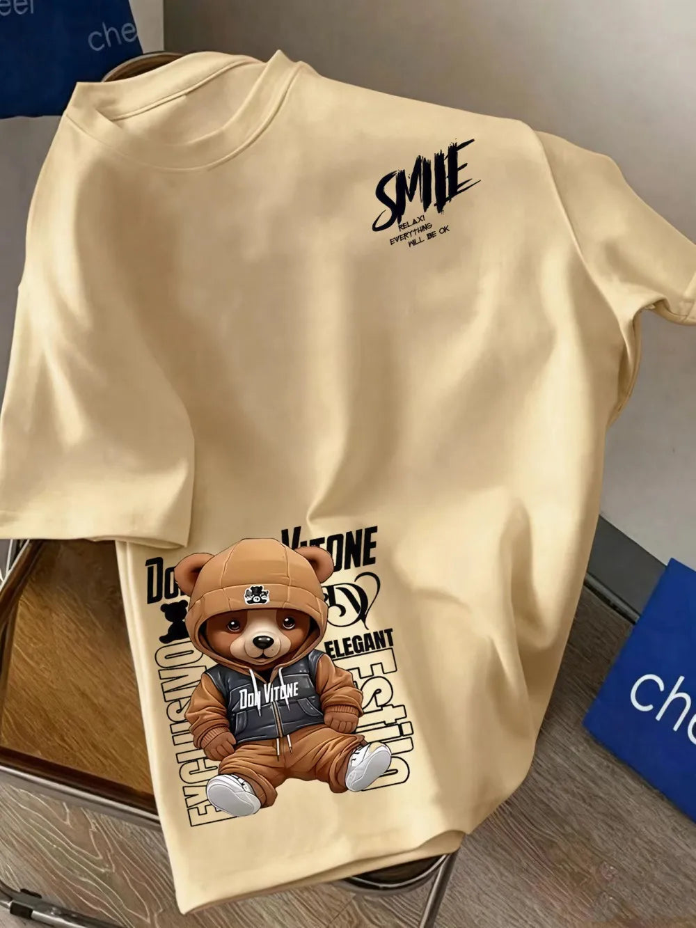 European and American men's summer personalized letter bear print comfortable and breathable round neck T-shirt outdoor street t