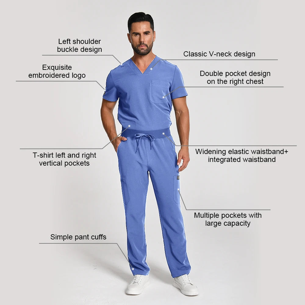 KUNGFU SCRUBS Mens Uniforms Medical Surgical Scrubs Set Short Sleeve V-Neck Top & Pants Soft Breathable Stretch Nursing Workwear