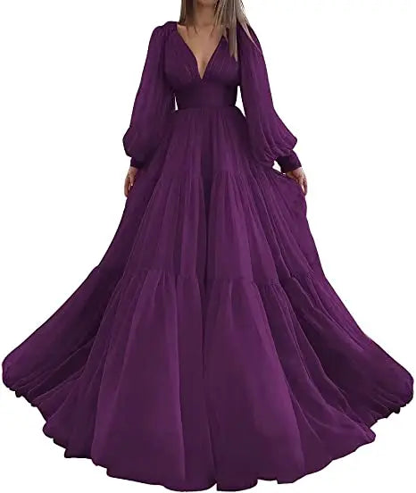 Bridalaffair Pleat Tulle Princess Prom Gown V-Neck Long Puff Sleeve Plus Size Evening Gown Elegant Dress Women for Wedding Party