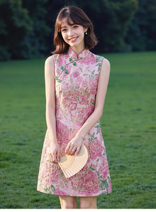 Women Peony Chinese Style Beaded Rhinestone Cheongsam Dress Mandarin Collar Sleeveless Luxury Party Vintage Dress