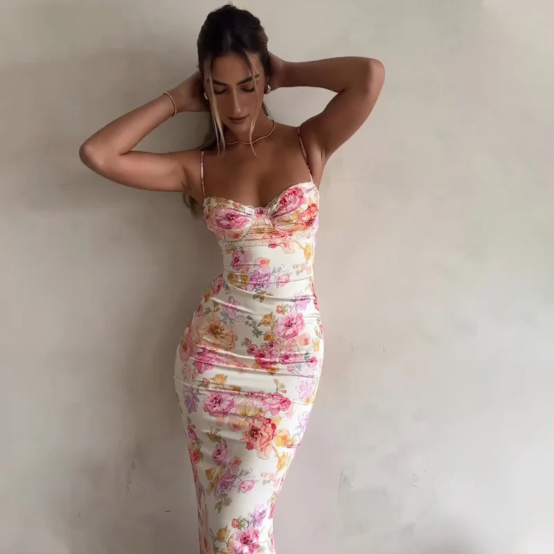 Floral Suspender Split Spaghetti Strap Beach Dress
