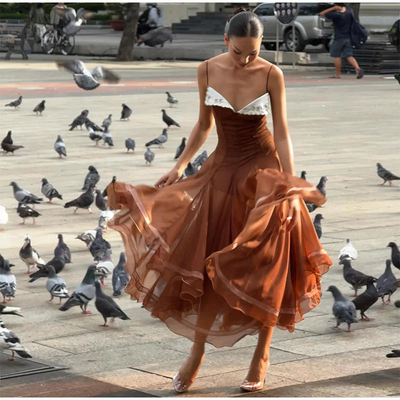 Spaghetti Strap Chiffon Lace Trim Flared Dress Sleeveless Waist Cinched 2026 Summer Formal Women Gown Chic Causal Lady Vestido