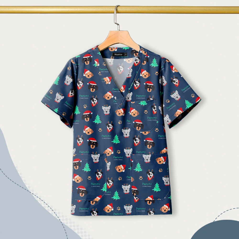 Nursing Uniforms Cartoon Printed Medical Elastic Hospital Doctor Unisex Halloween Christmas Costumes Women Men Nurse Scrubs Tops