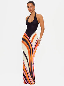 Blifanbo Halter Neck Maxi Dress Women Colorful Swirl Print