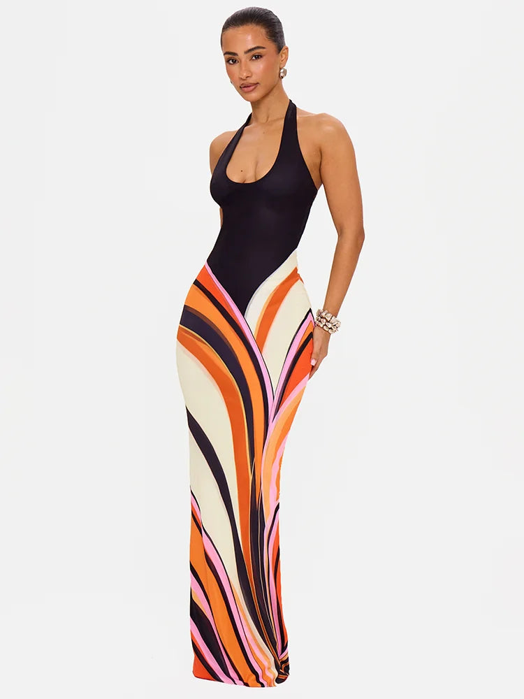 Halter Neck Backless Maxi Dress Women Colorful Swirl Print