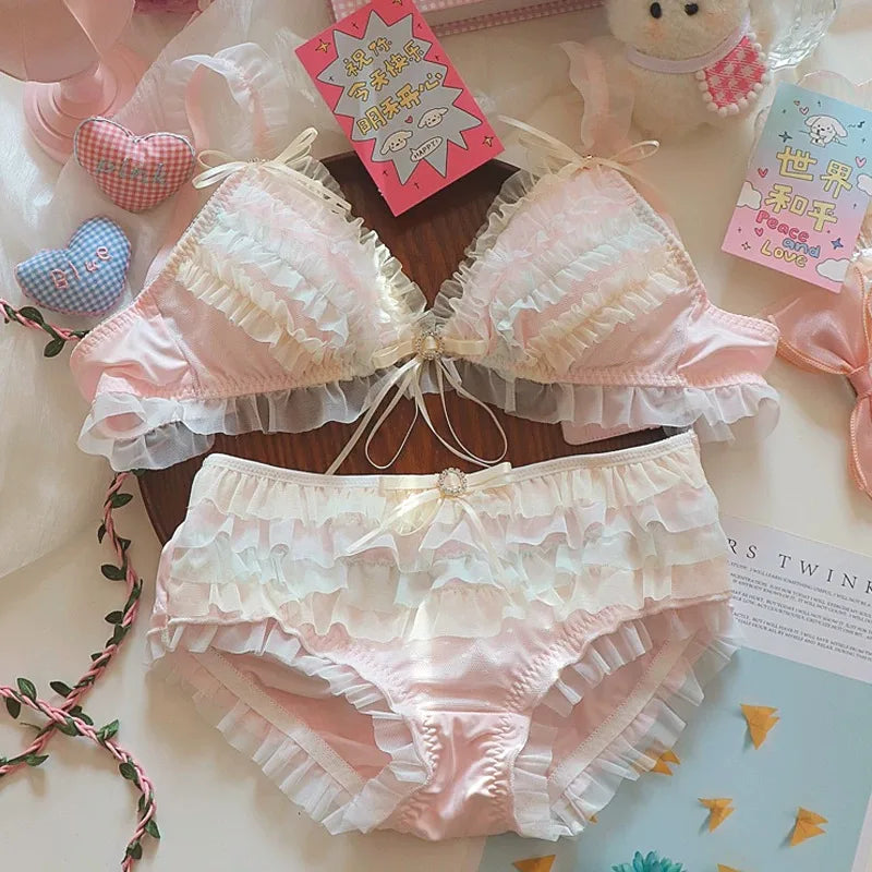 Japanese Lolita Princess Lingerie Women Pure Desire Cake Layer Lace Mesh Cotton Crotch Party Bra Panty Set Cute Comfortable Soft