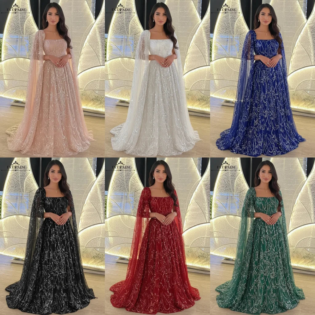 FATAPAESE Luxury Beads Sequins Cape Evening Dresses Champagne A Line Tulle Wedding Guest Dress for Arabic Dubai Saudi