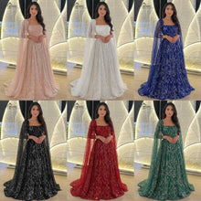 FATAPAESE Luxury Beads Sequins Cape Evening Dresses Champagne A Line Tulle Wedding Guest Dress for Arabic Dubai Saudi